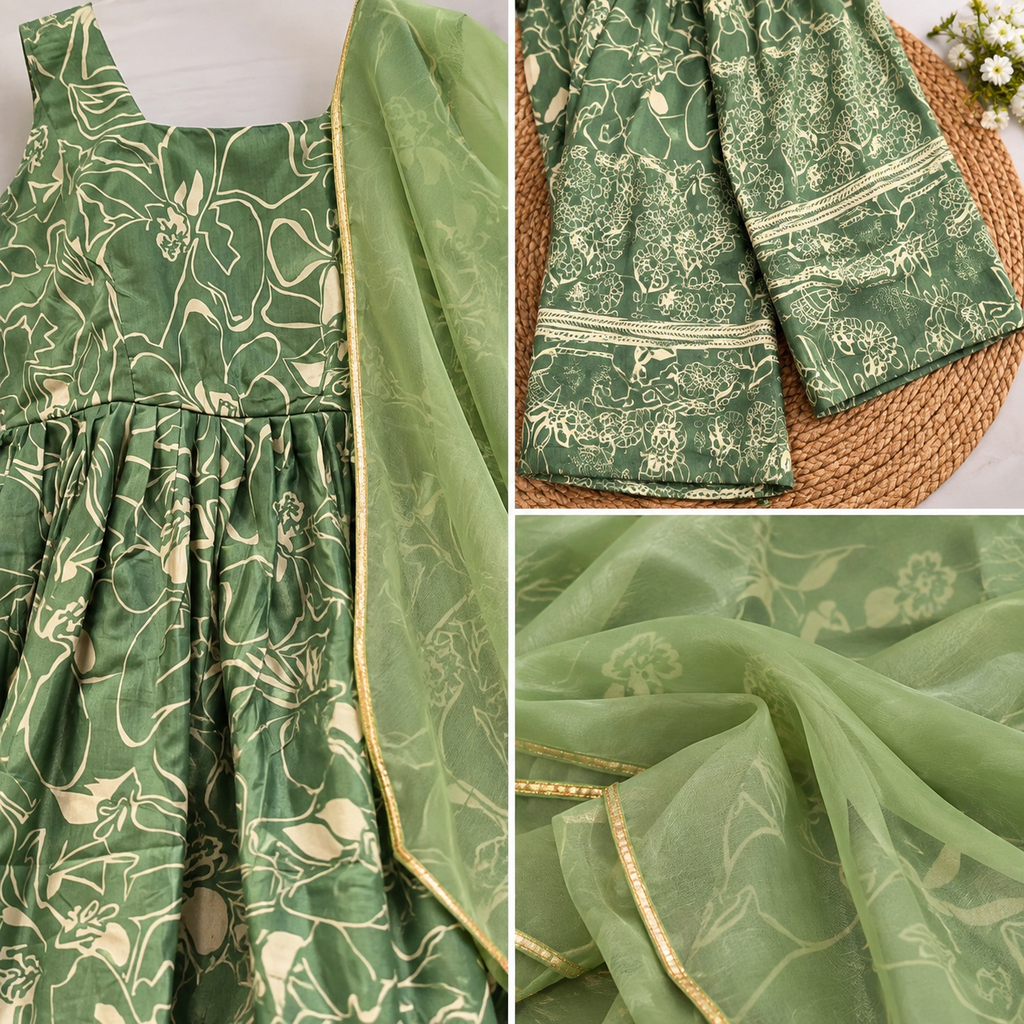 Green Floral Anarkali Set