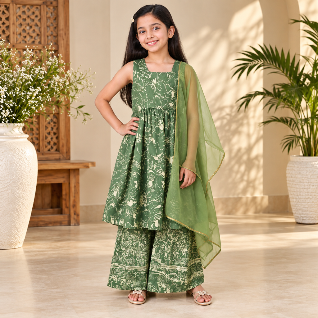 Green Floral Anarkali Set