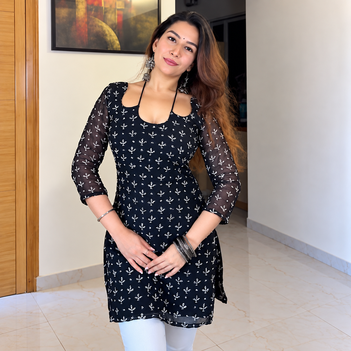 Black Strap Neck Short Kurti