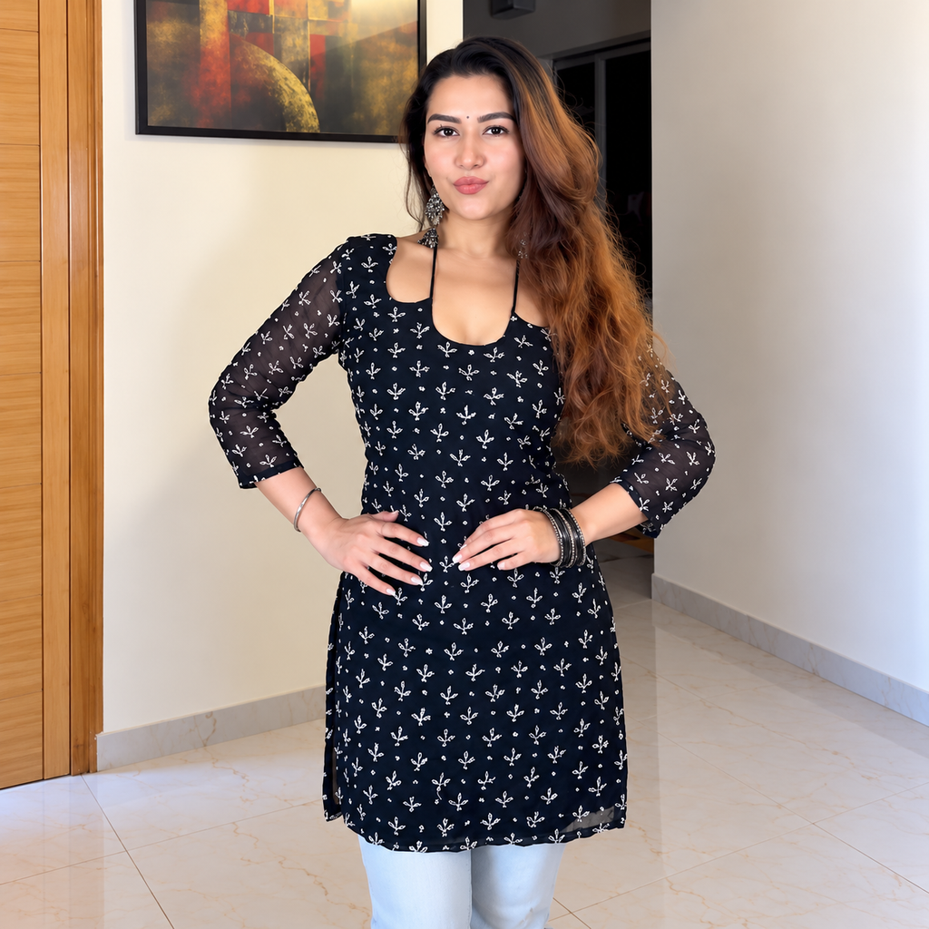 Black Strap Neck Short Kurti