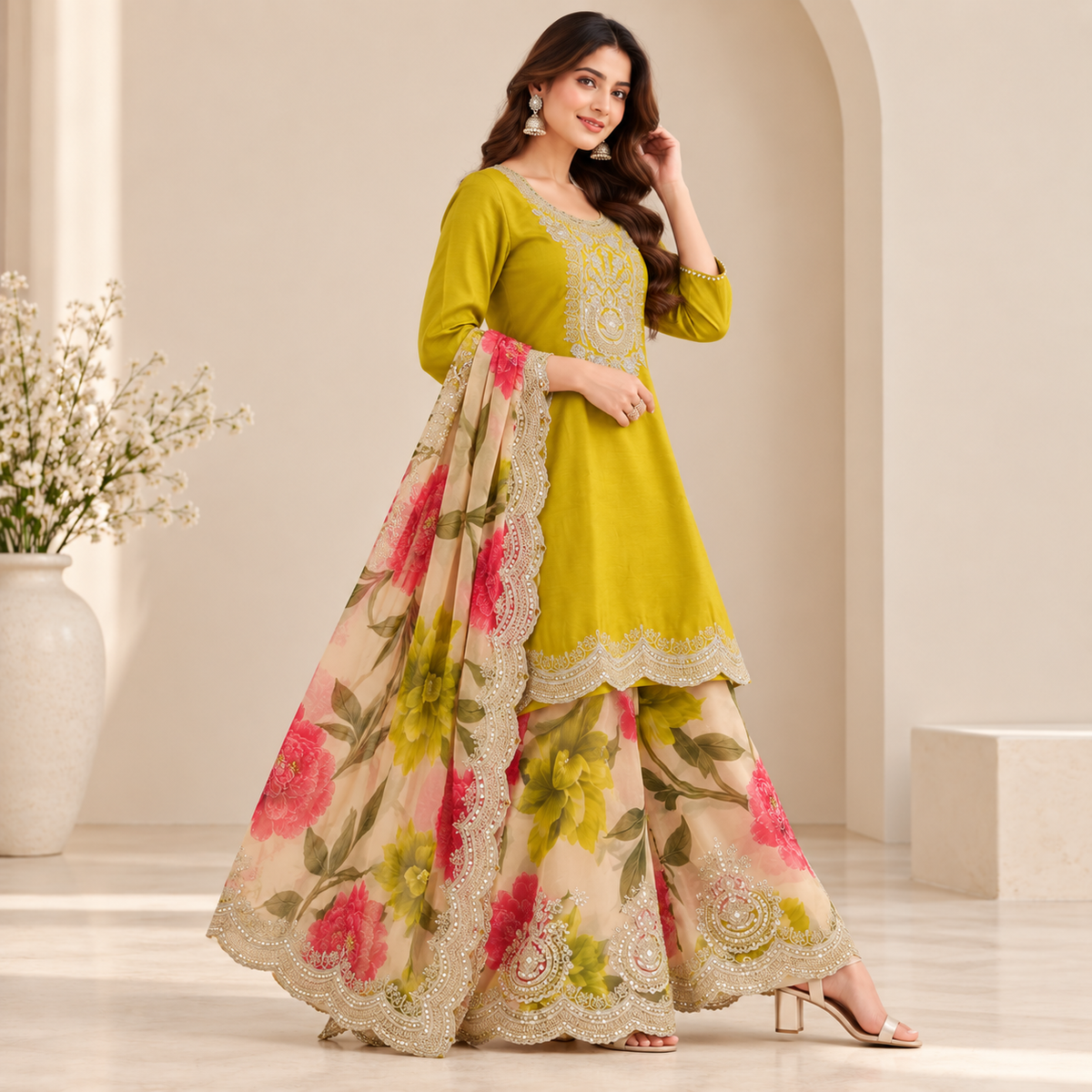 Lime Green Floral Palazzo Set