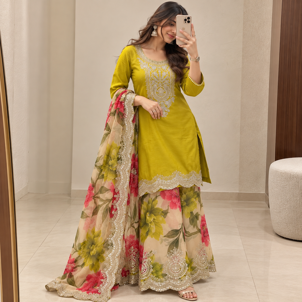 Lime Green Floral Palazzo Set