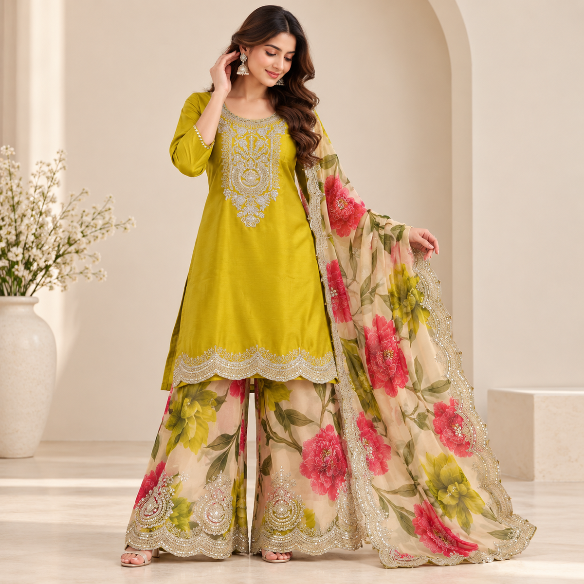 Lime Green Floral Palazzo Set