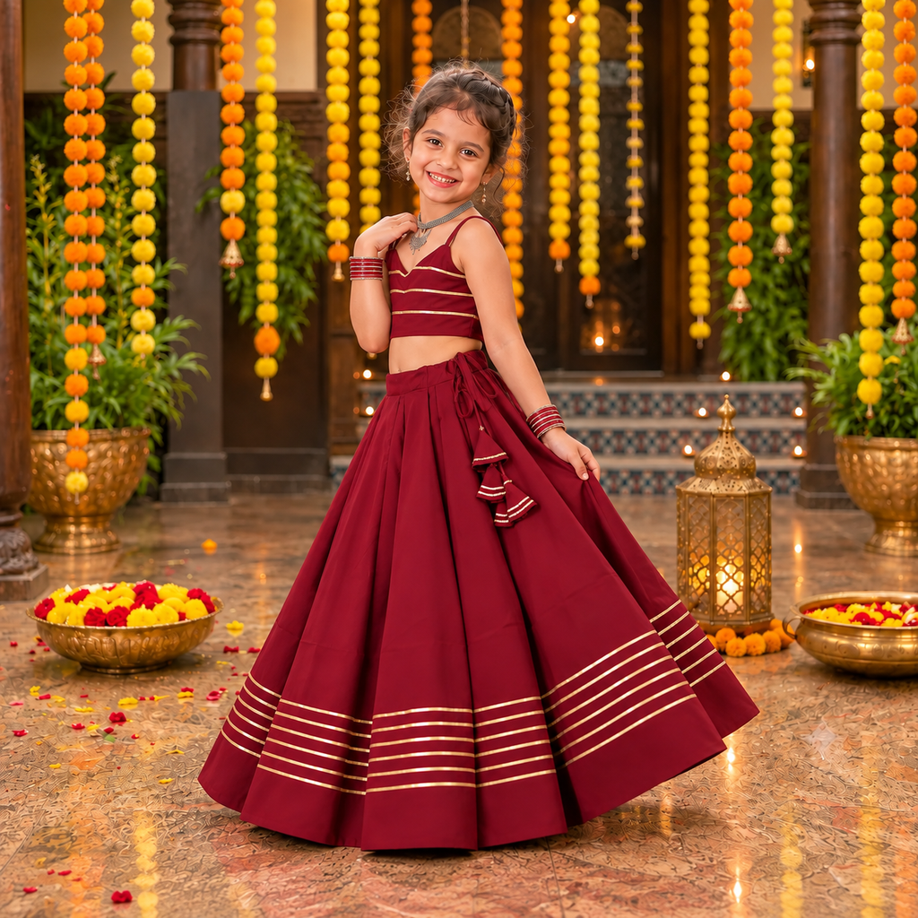 Kids Maroon Silk Lehanga crop top Set