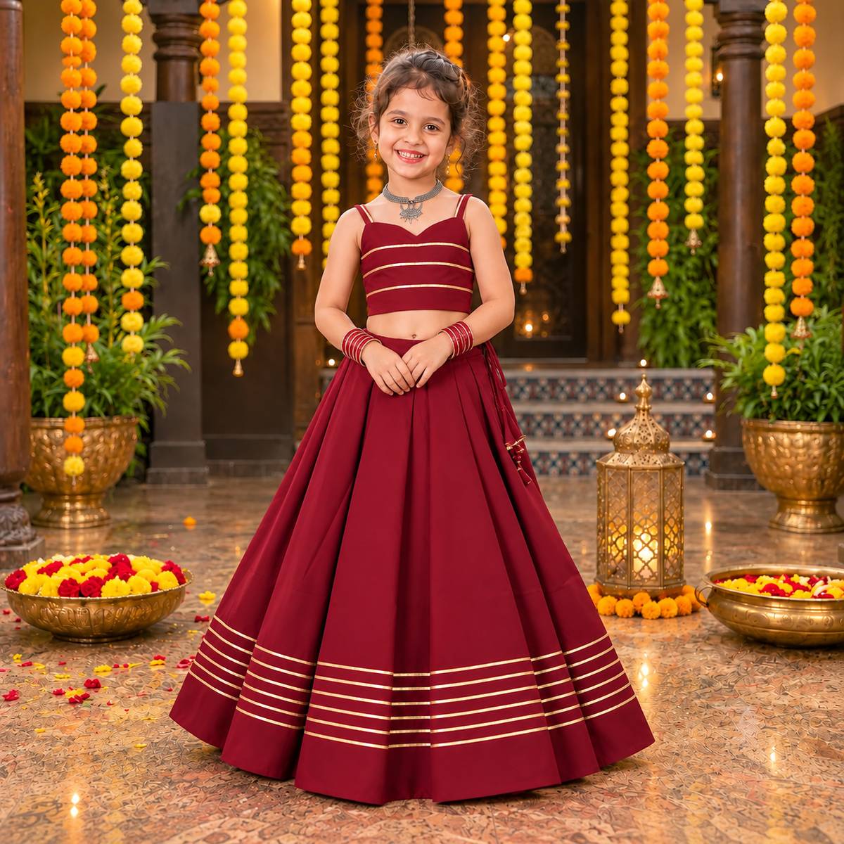 Kids Maroon Silk Lehanga crop top Set