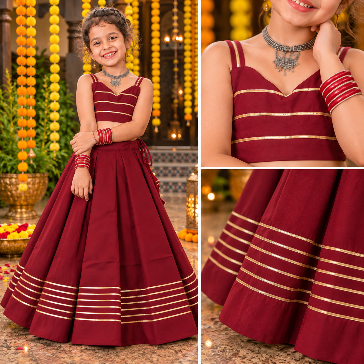 Kids Maroon Silk Lehanga crop top Set