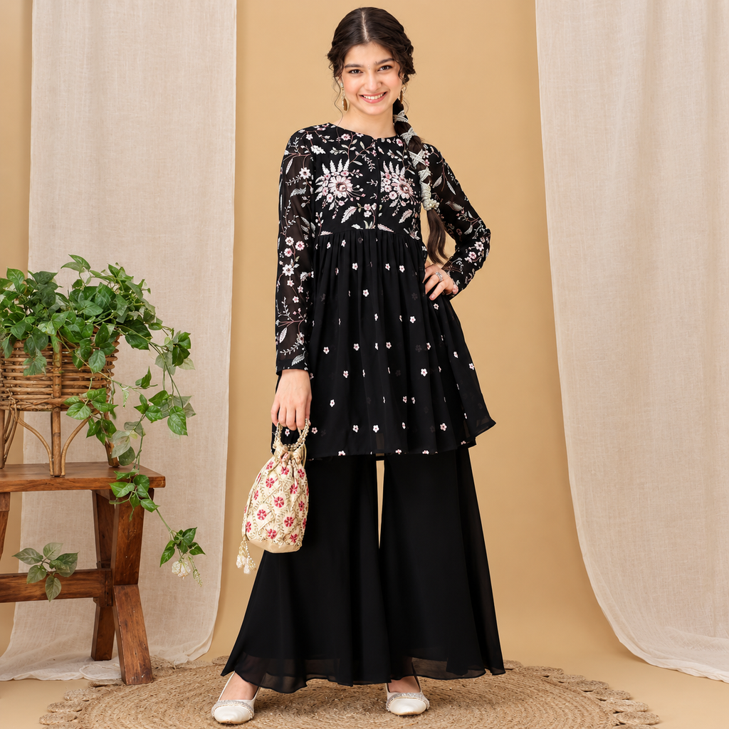 Kids Floral Embroidered Black Sharara Set