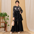 Kids Floral Embroidered Black Sharara Set