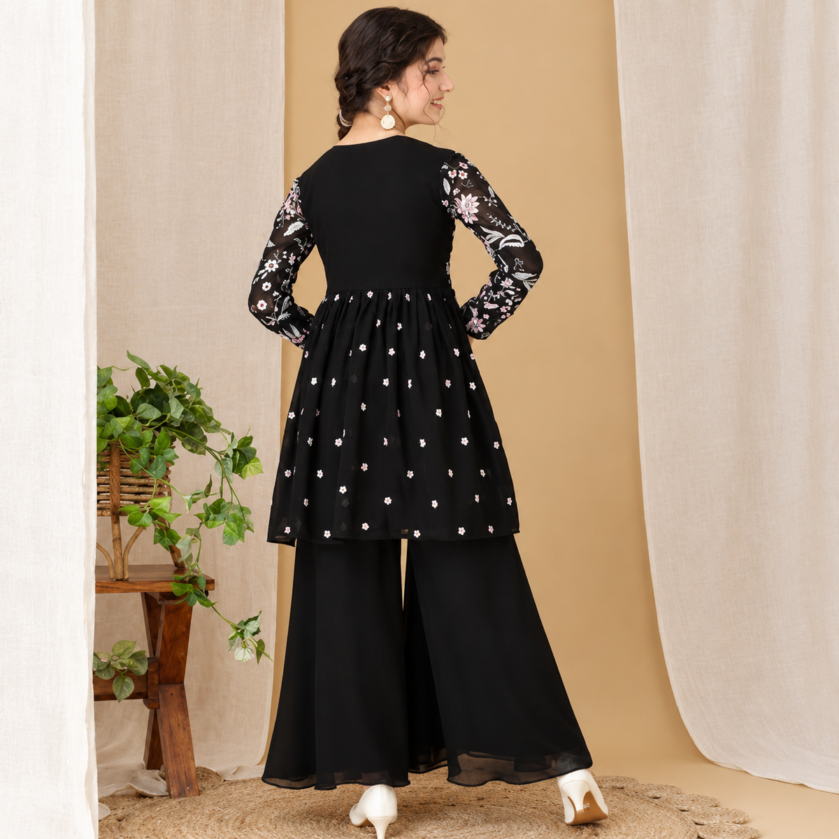 Kids Floral Embroidered Black Sharara Set