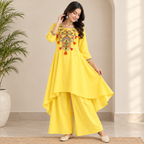 Women's Embroidered Yellow Asymmetrical Co-ord set