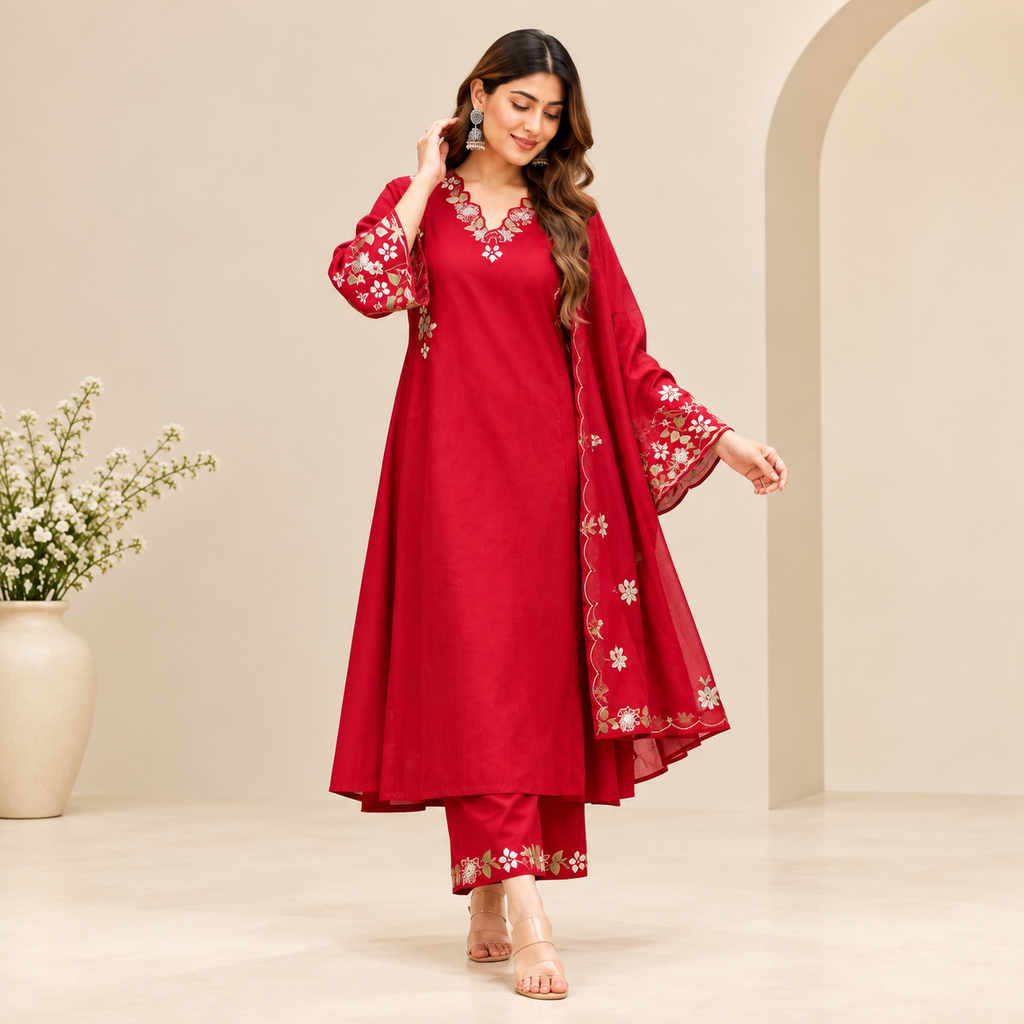 Ruby Red Floral Anarkali Set