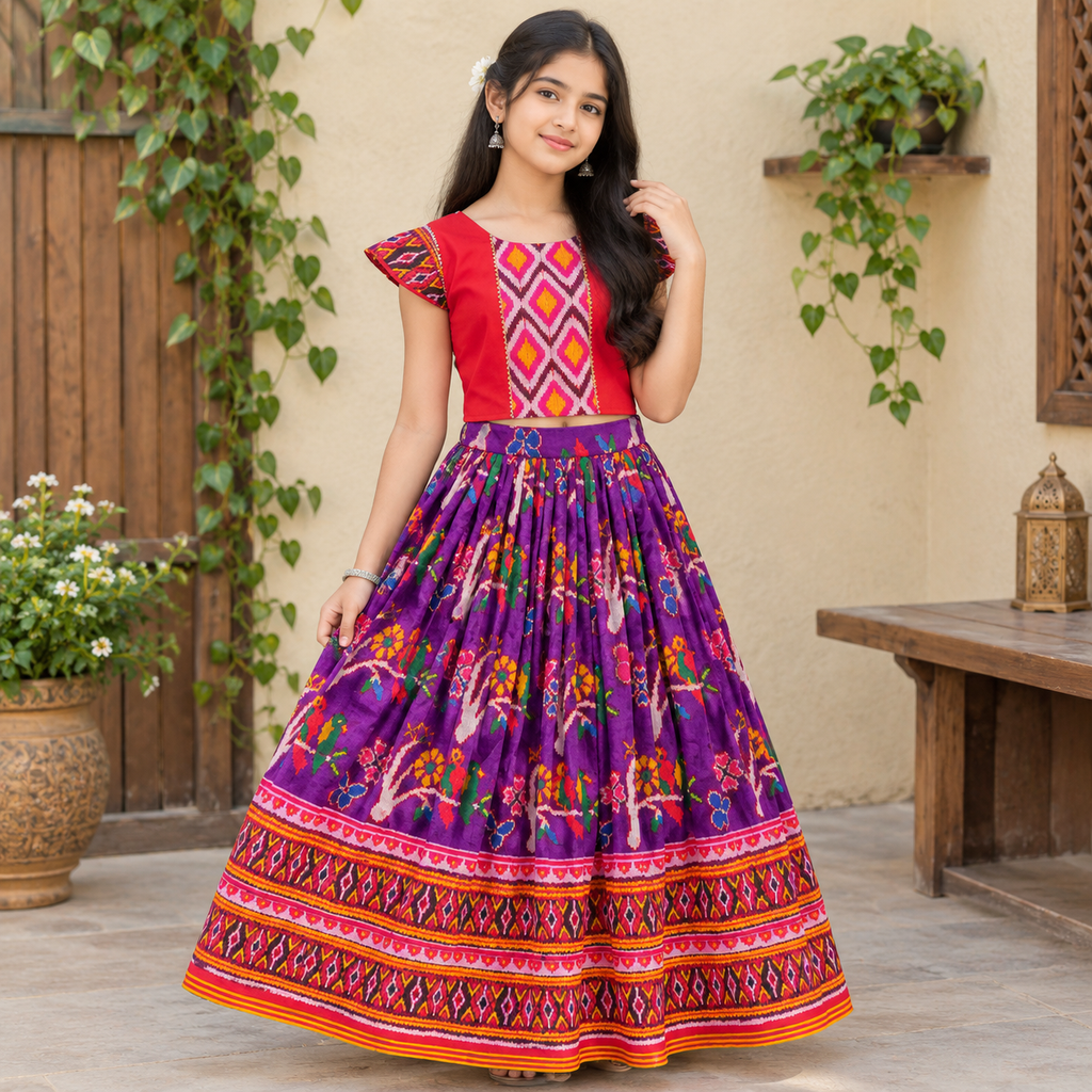 Kids Purple Patola Silk Lehenga and blouse set