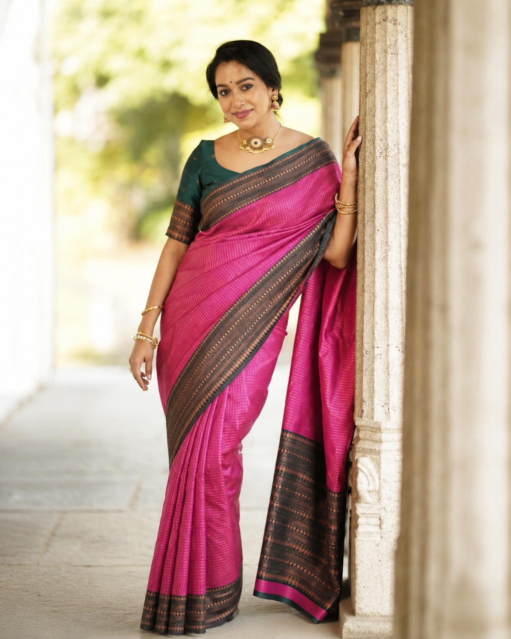 Contrast Border Magenta Lichi Silk Saree