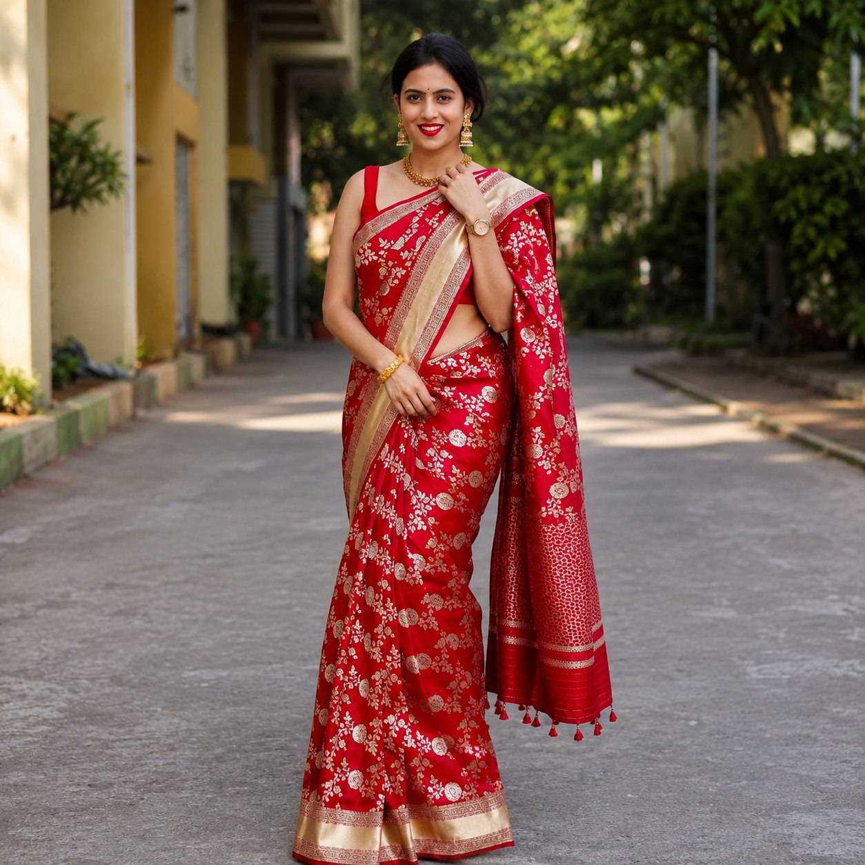 Red Soft Lichi Silk Printed Saree