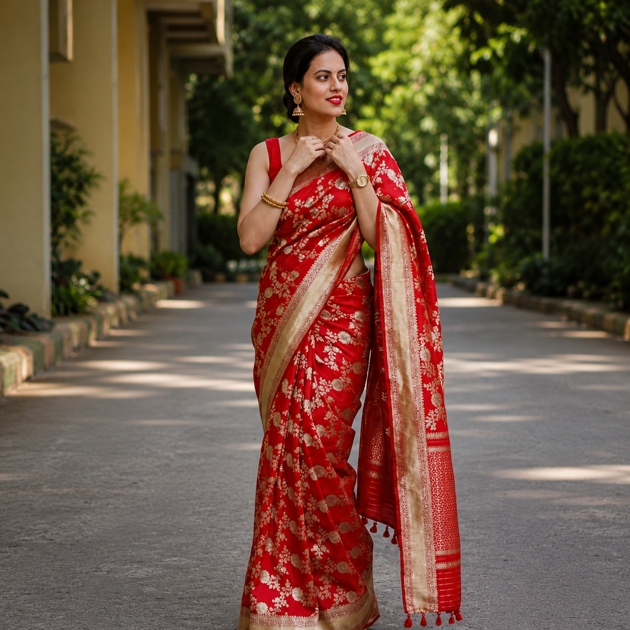Red Soft Lichi Silk Printed Saree