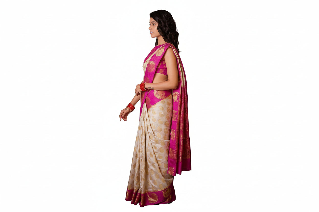 Ivory Bloom Soft Lichi Silk Saree