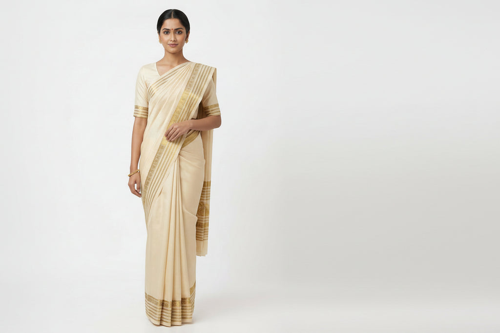 Cream and Gold Silk Saree