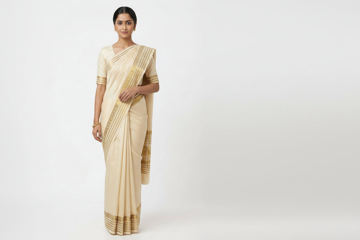 Cream and Gold Silk Saree