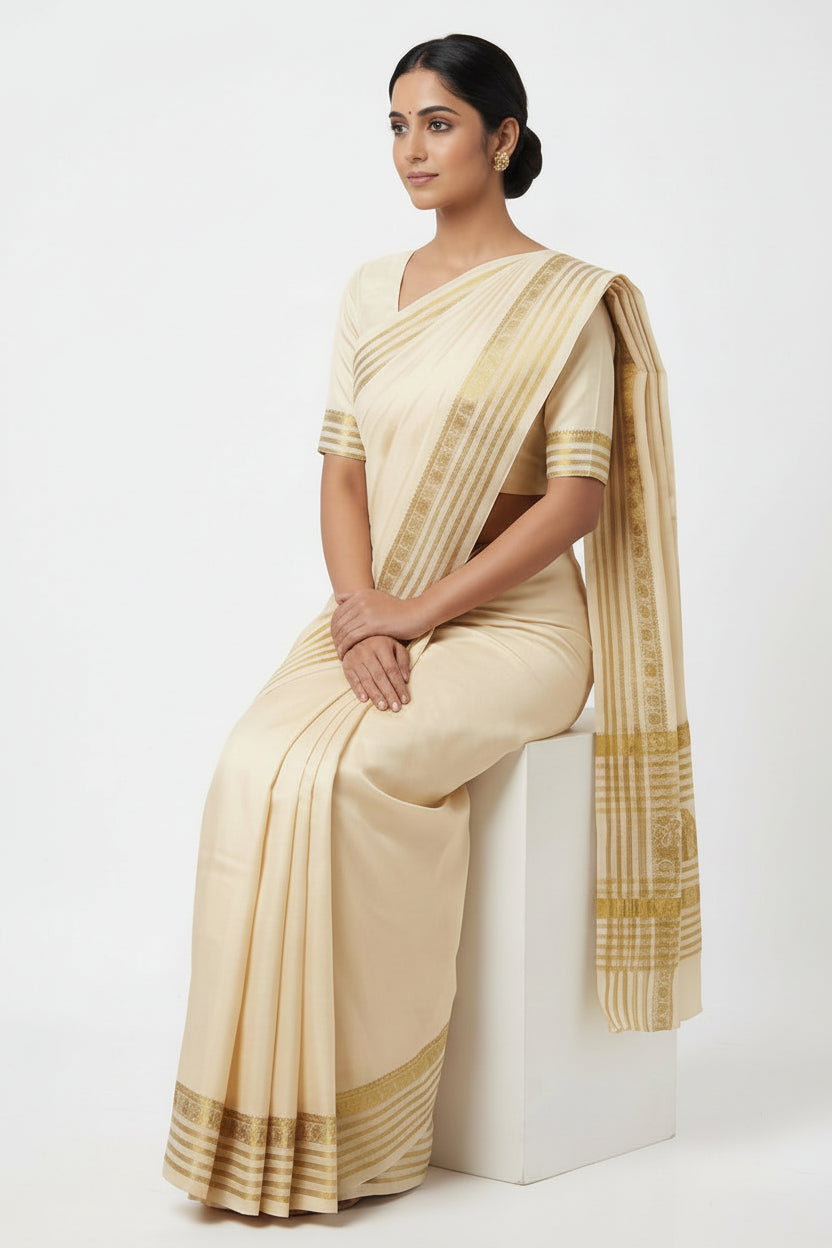 Cream and Gold Silk Saree