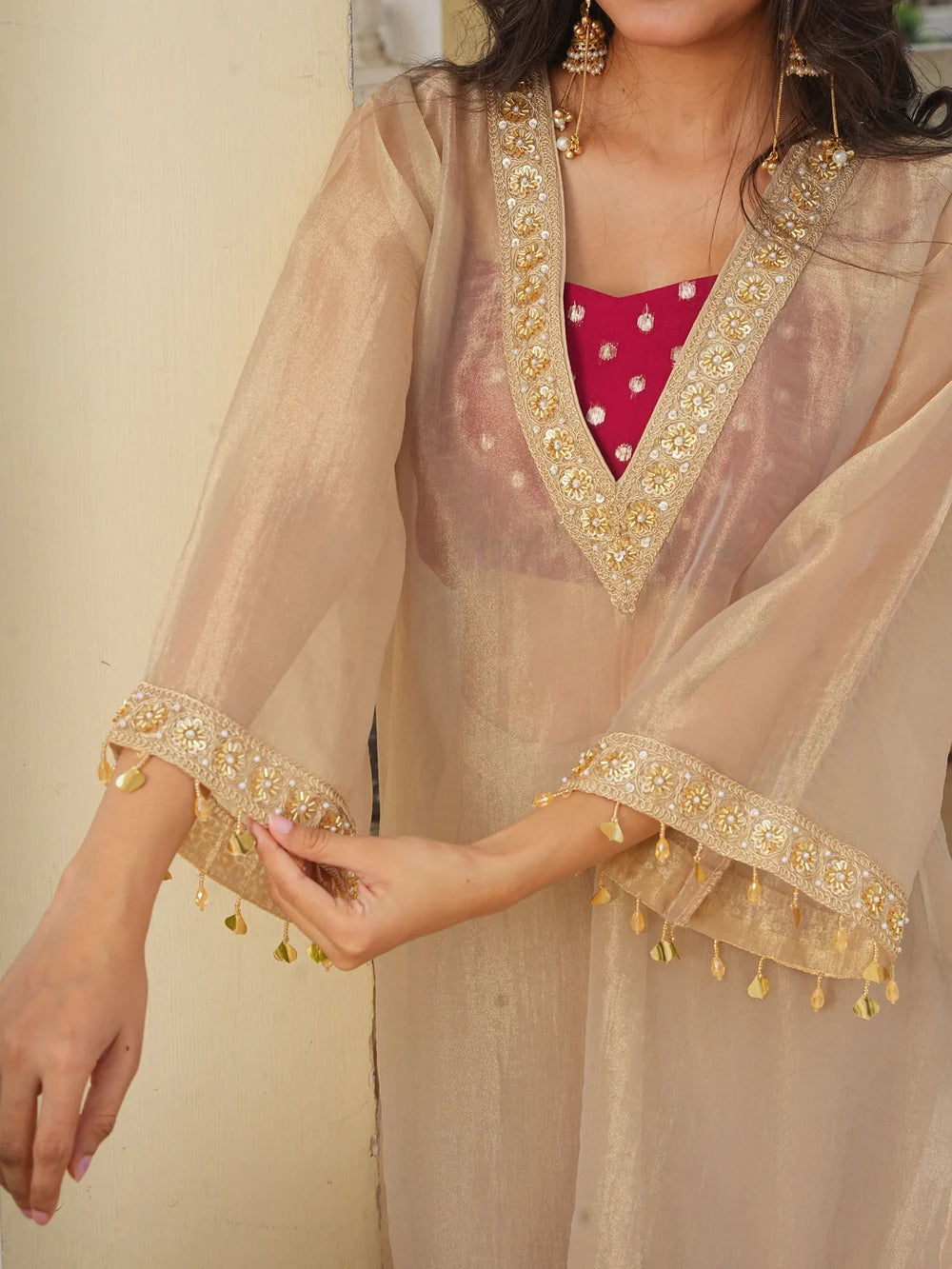 Cream Indo-western Crop Top Set