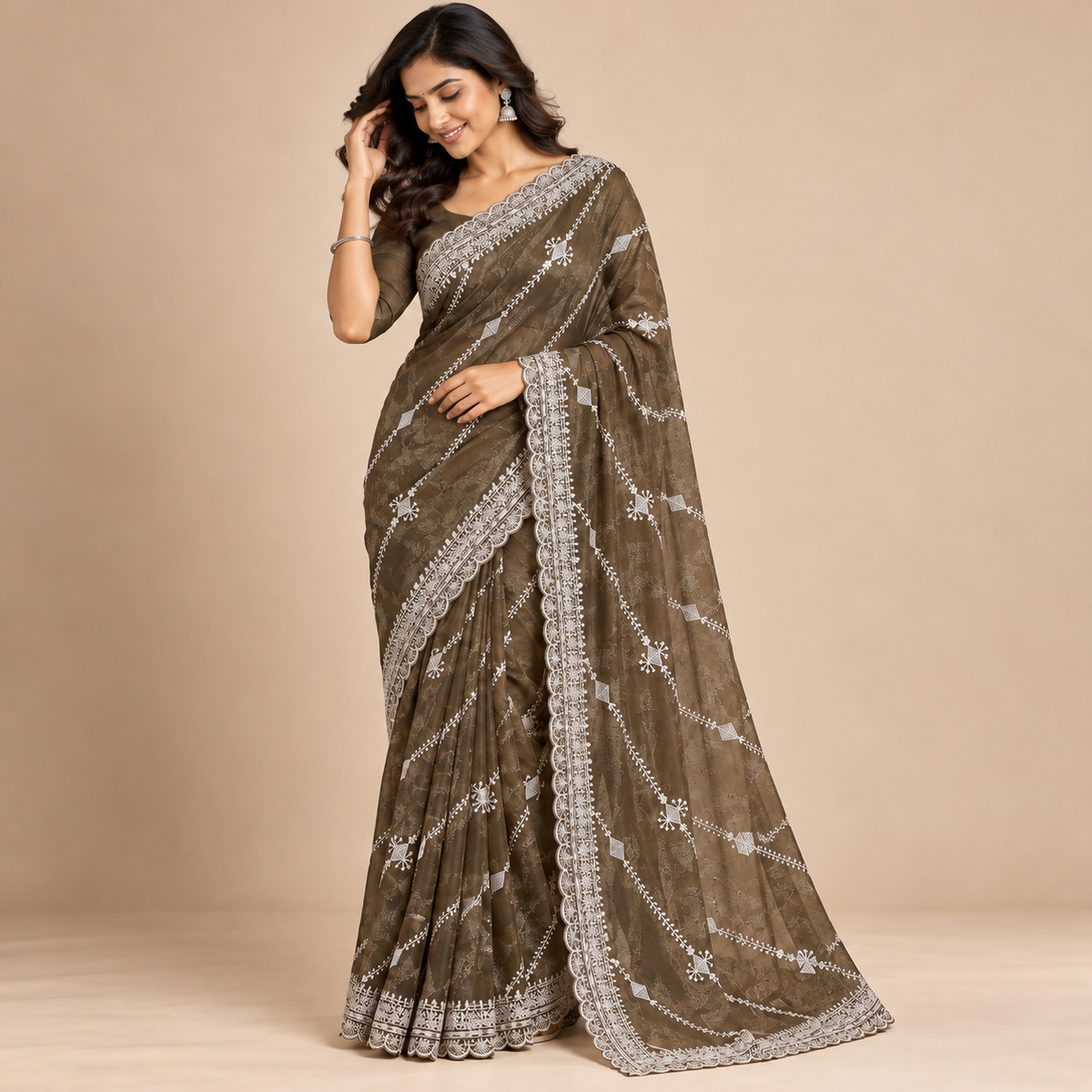 Olive Green Embroidered Organza Saree