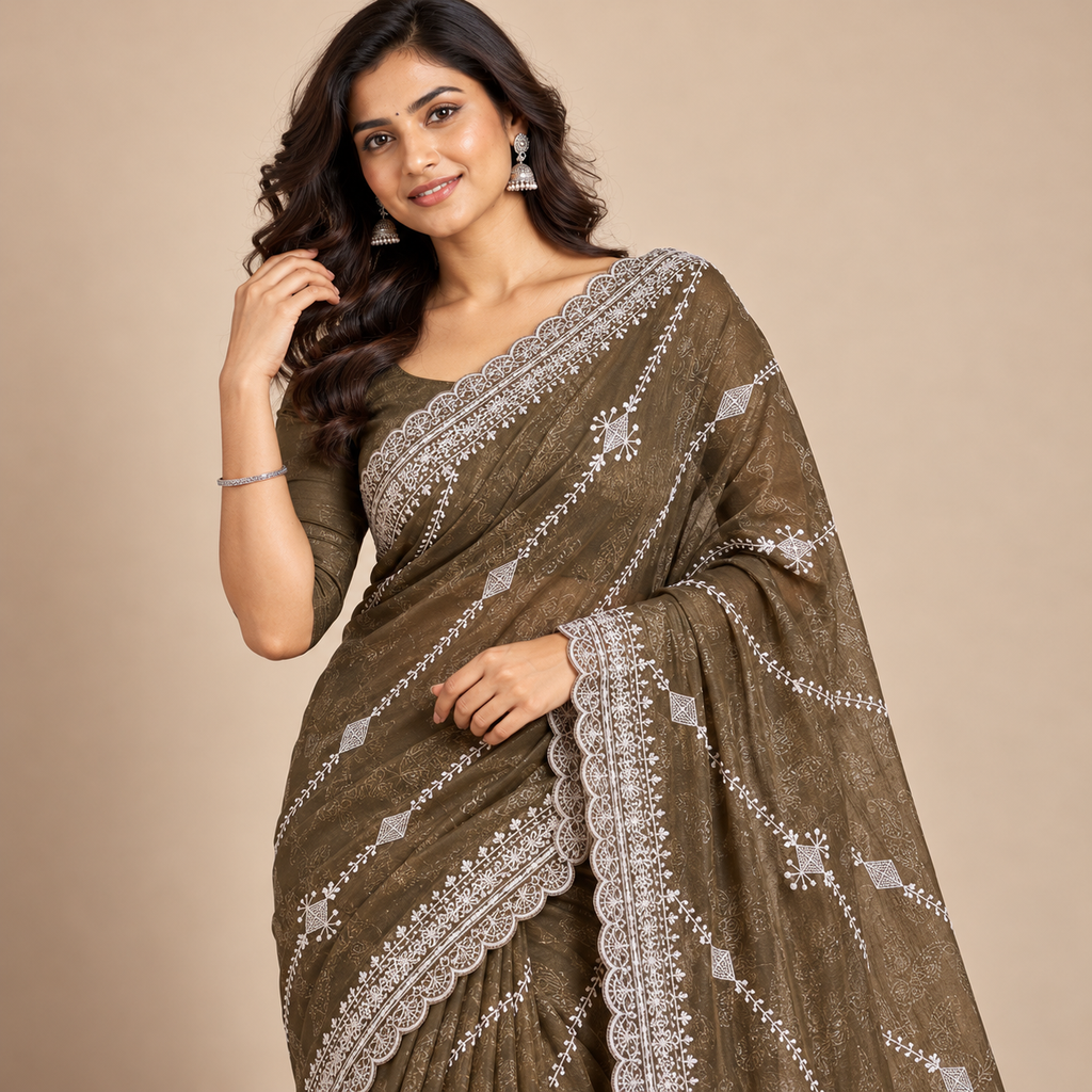 Olive Green Embroidered Organza Saree