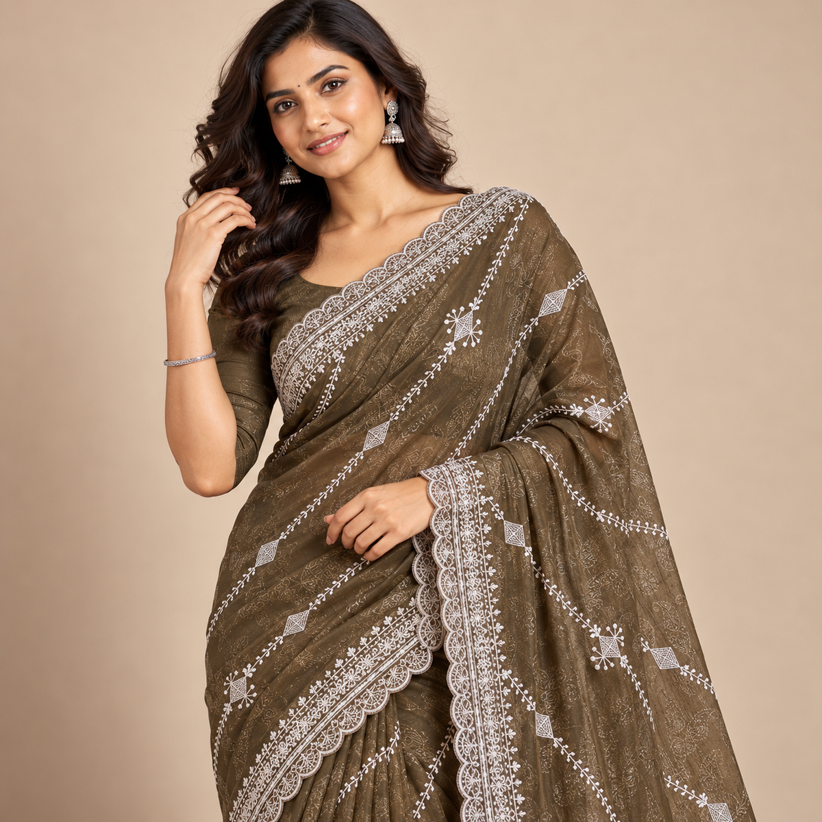 Olive Green Embroidered Organza Saree