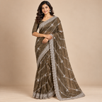 Olive Green Embroidered Organza Saree