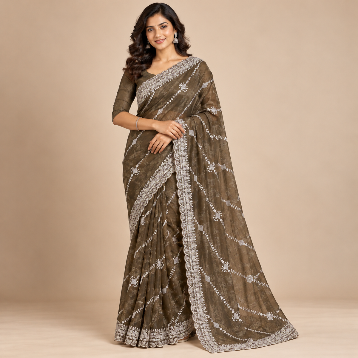 Olive Green Embroidered Organza Saree