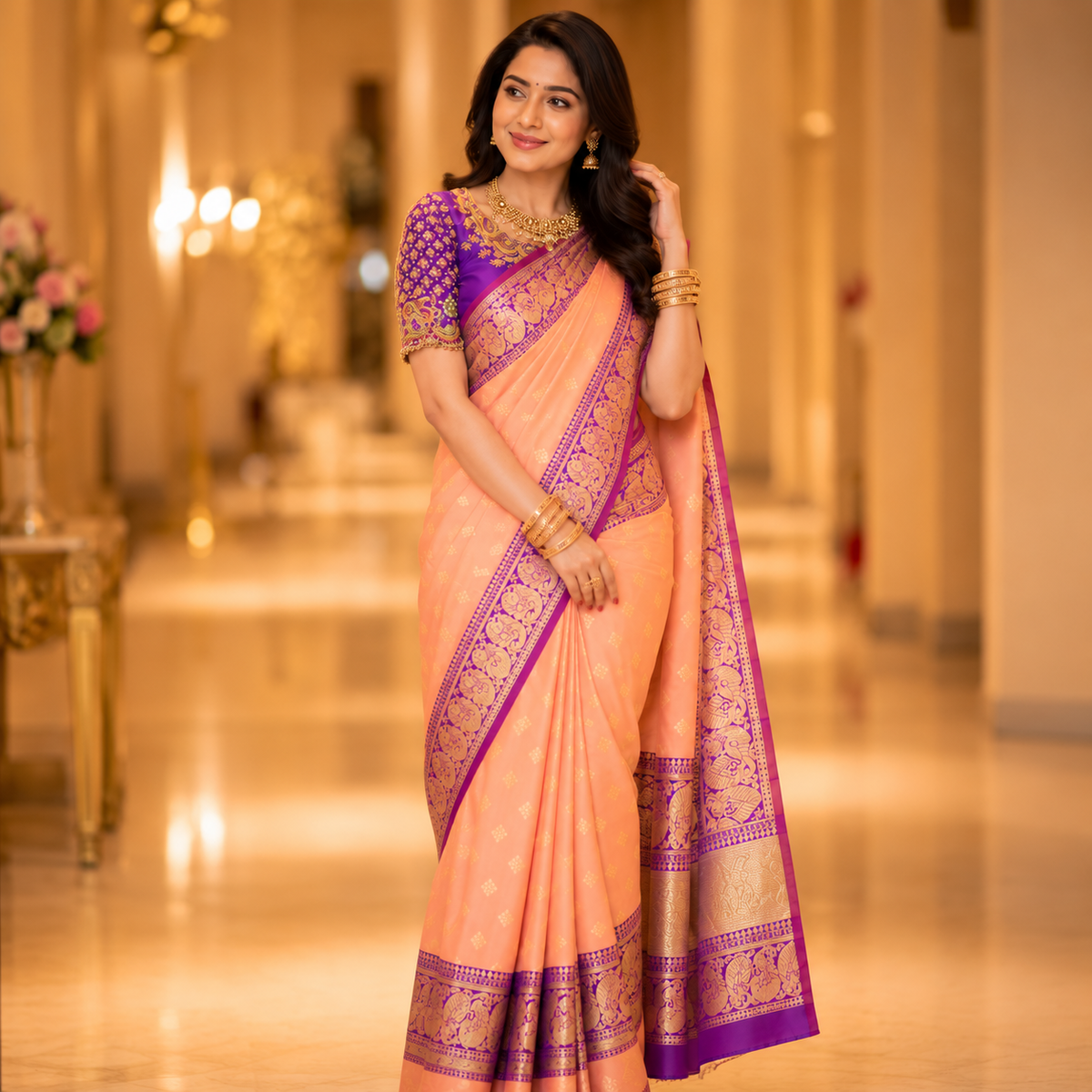 Peach Silk Saree With Purple Border