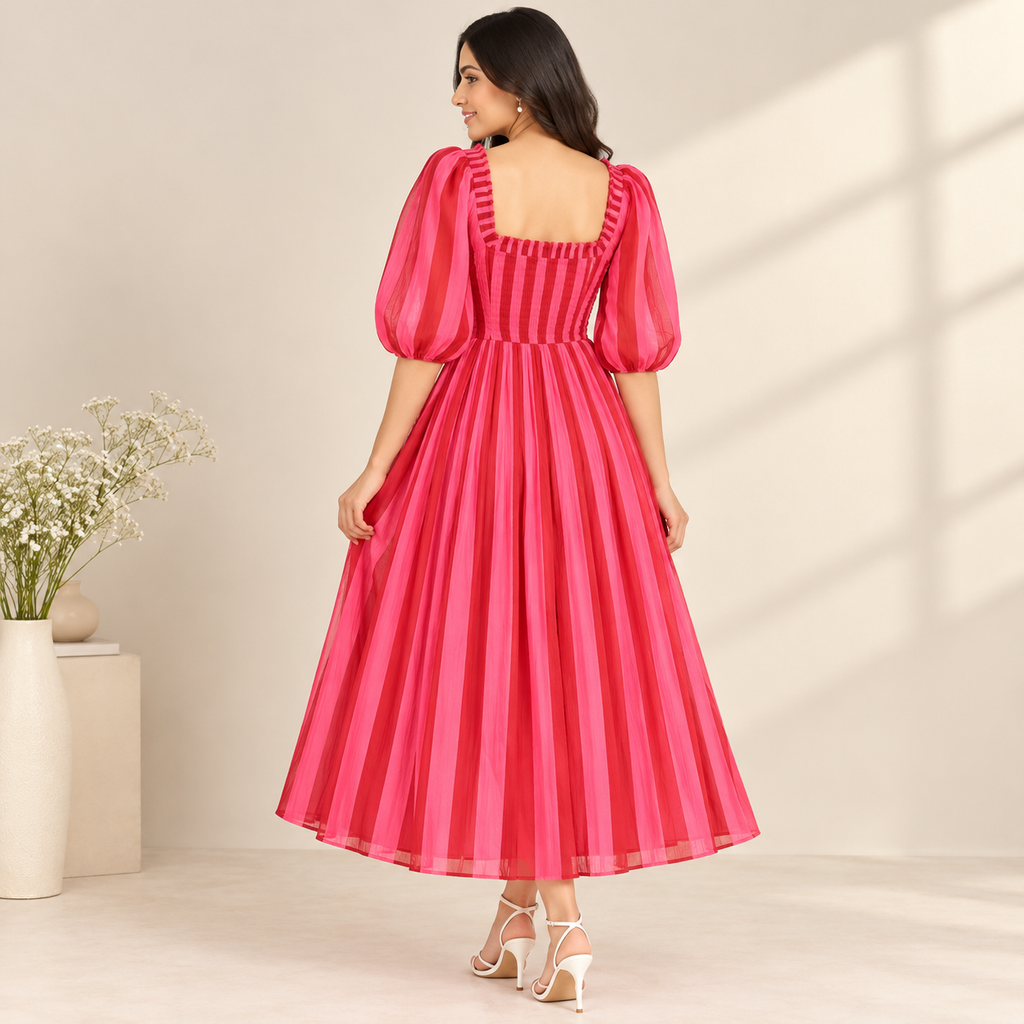 Red and Pink Striped Dress