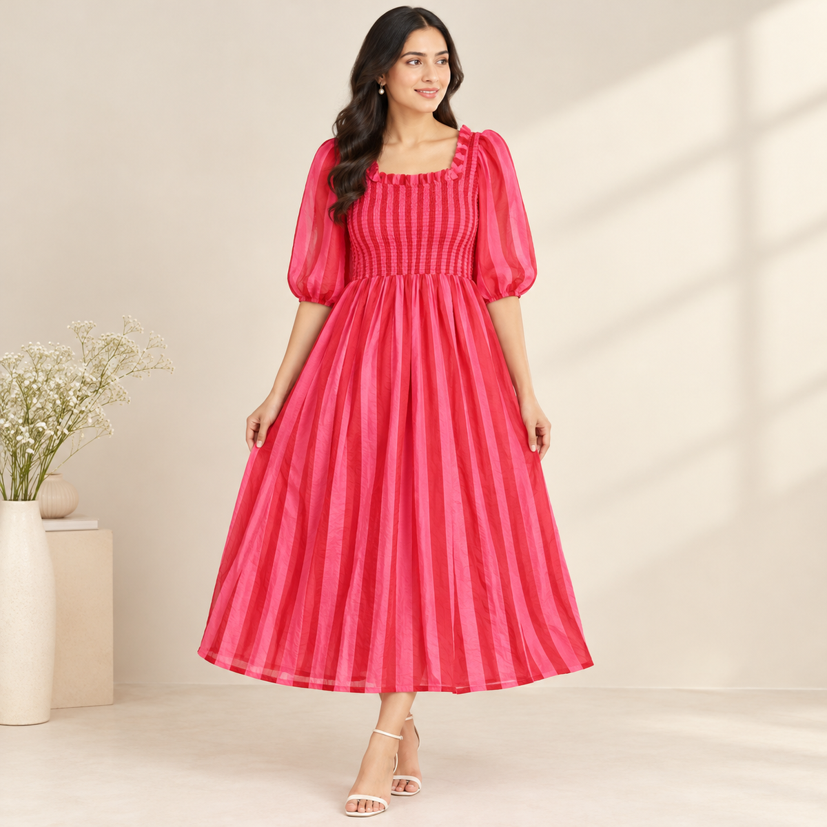 Red and Pink Striped Dress