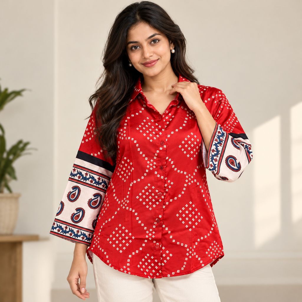 Red Bandhani Satin Shirt