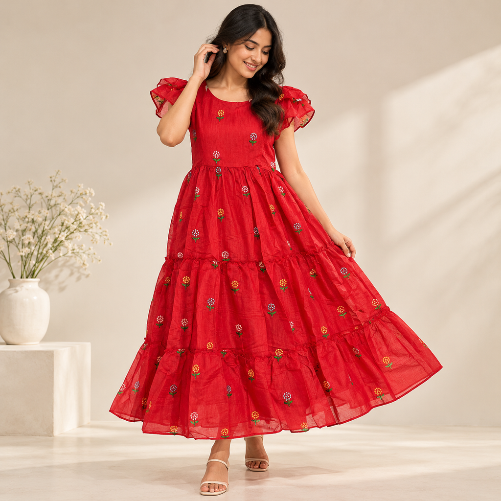 Chanderi Cotton Red Dress