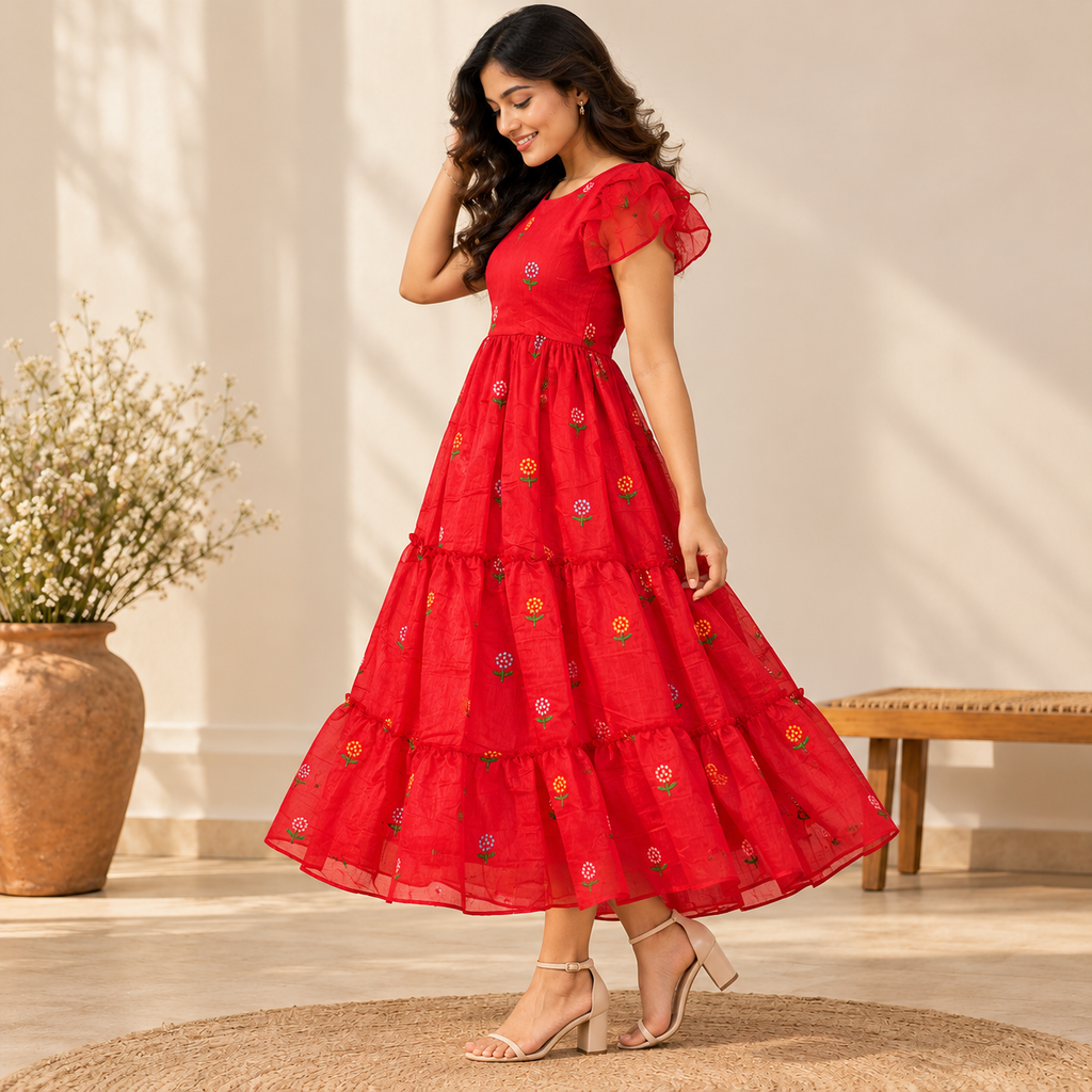 Chanderi Cotton Red Dress