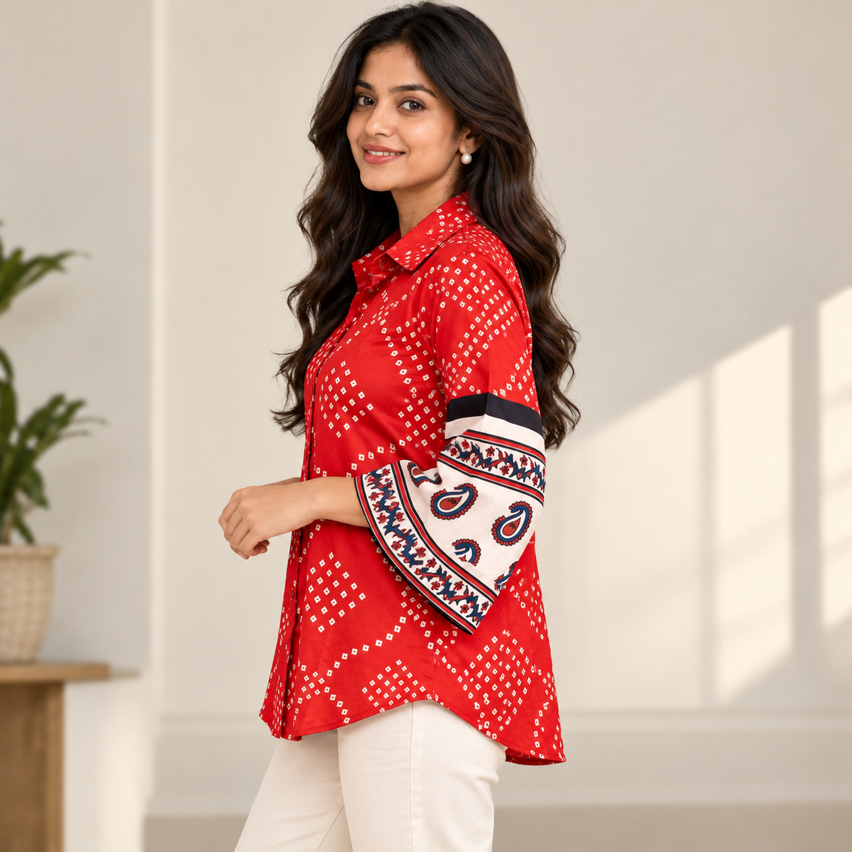 Red Bandhani Satin Shirt