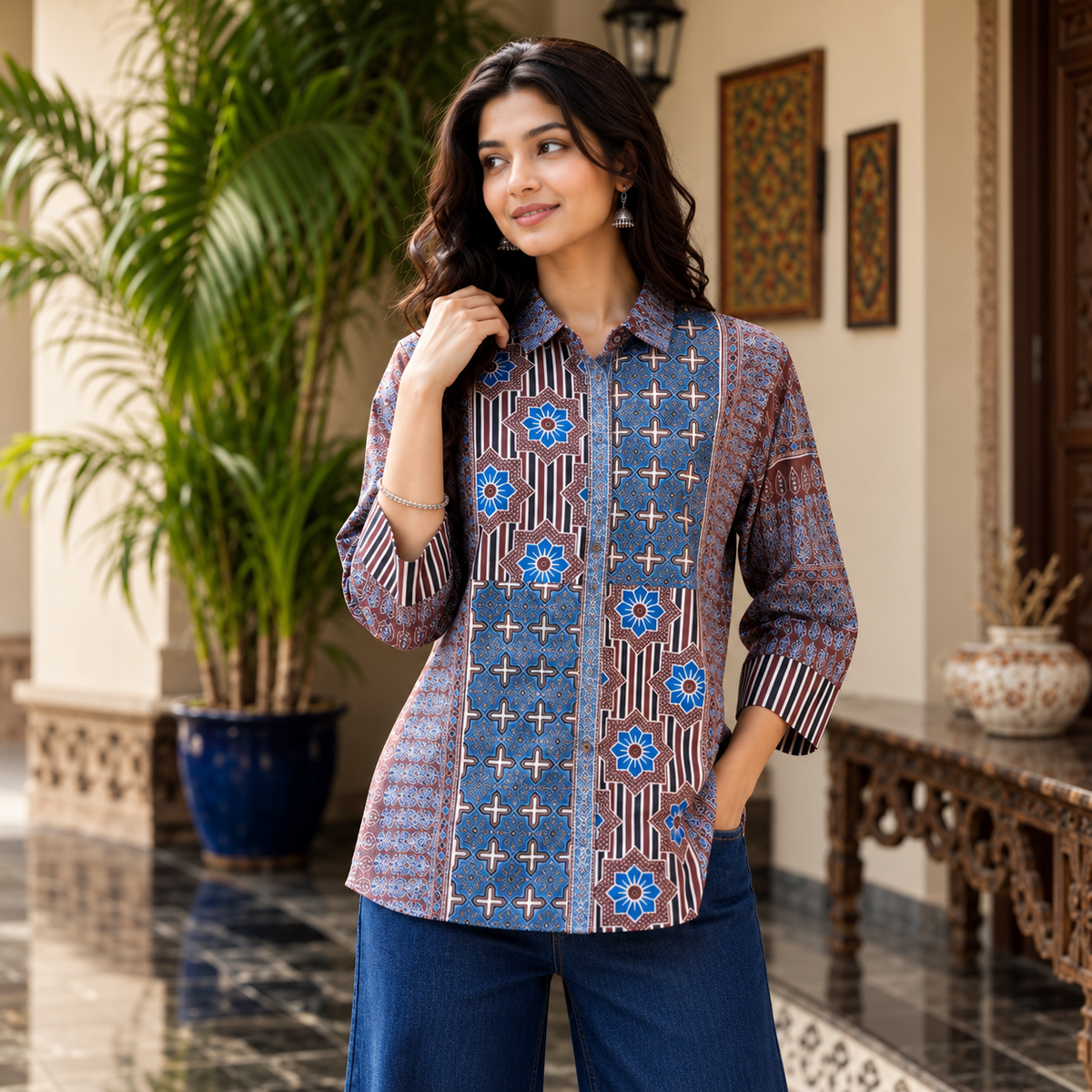 Blue Printed Crepe Shirt