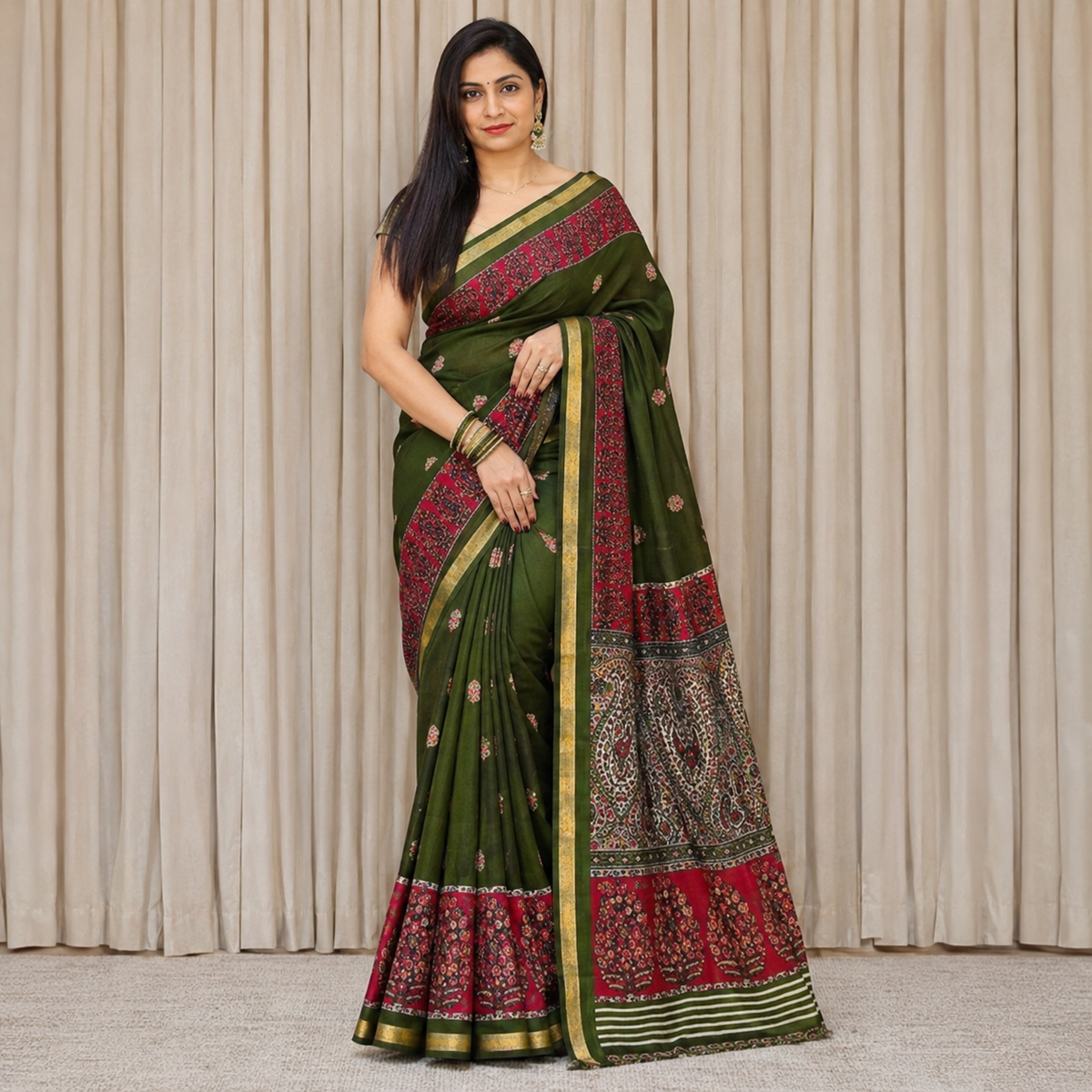 Green Block printed Saree