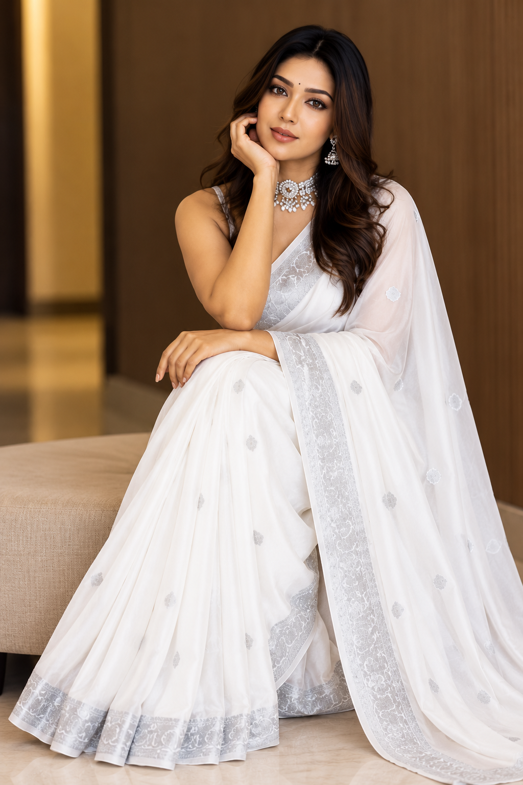 Elegant White Litchi Silk Saree