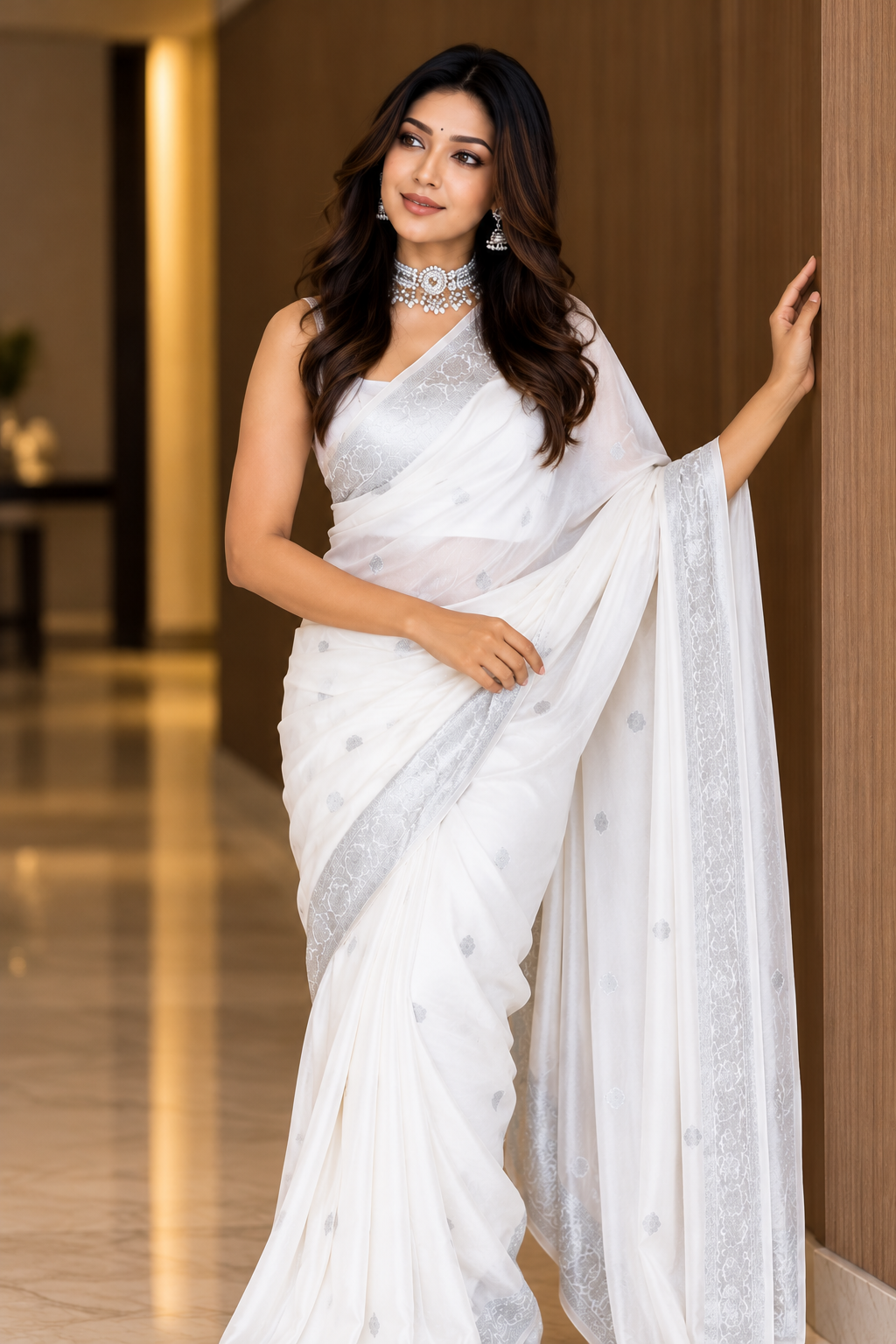 Elegant White Litchi Silk Saree