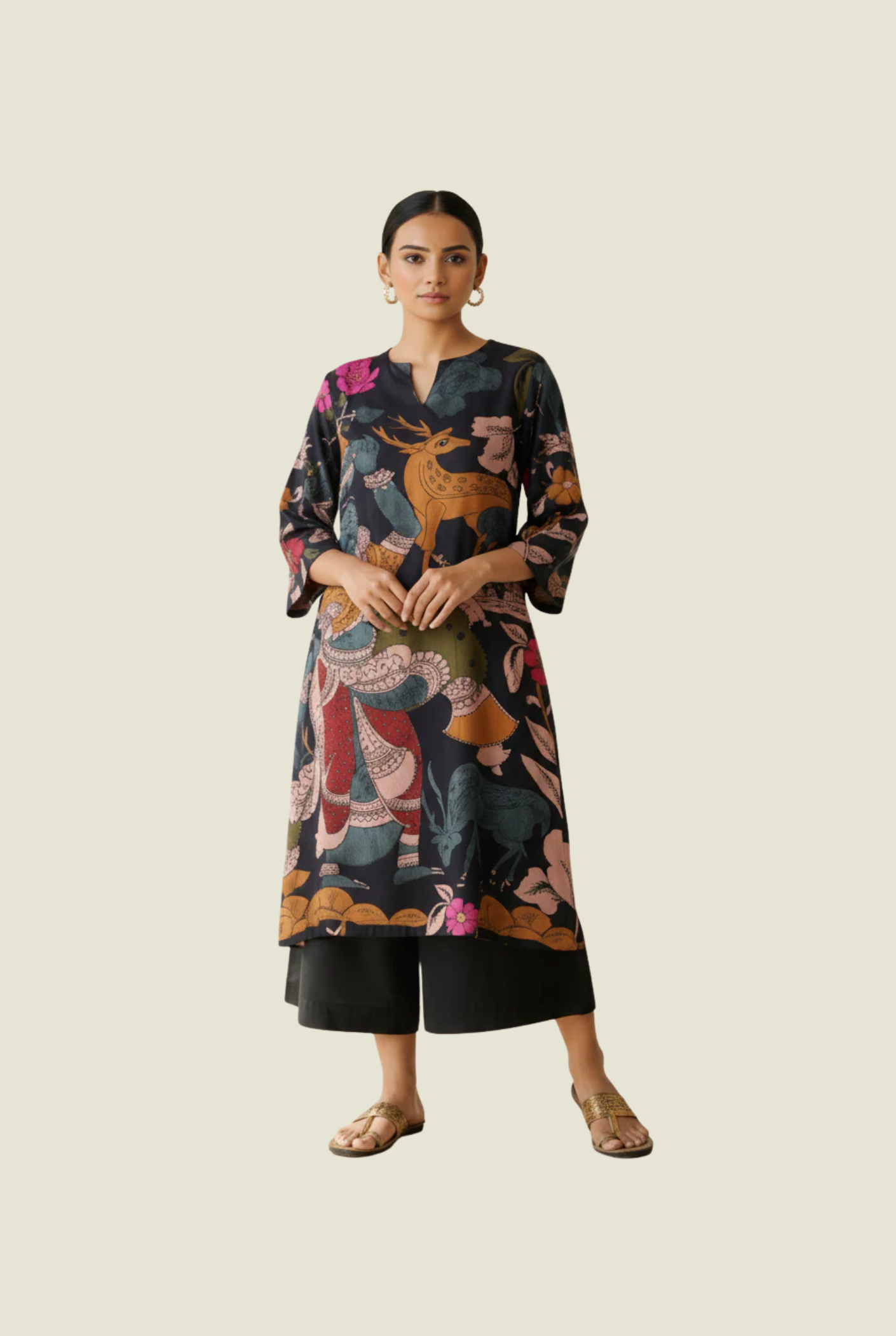 Black Folk Print Kurta Set