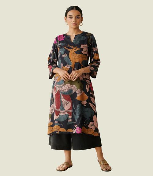Black Folk Print Kurta Set