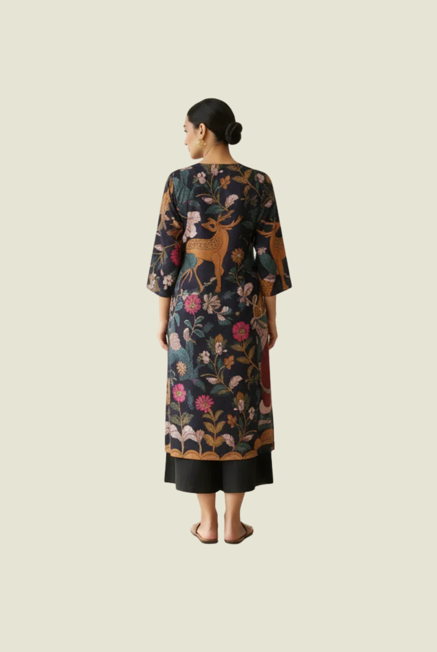 Black Folk Print Kurta Set