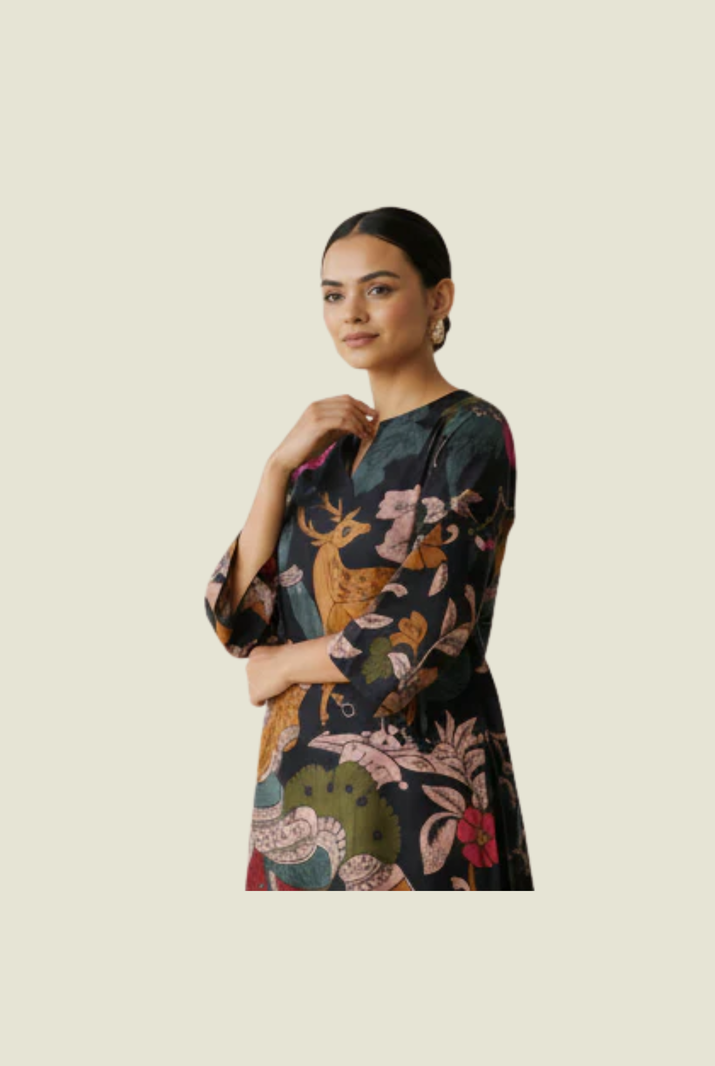 Black Folk Print Kurta Set