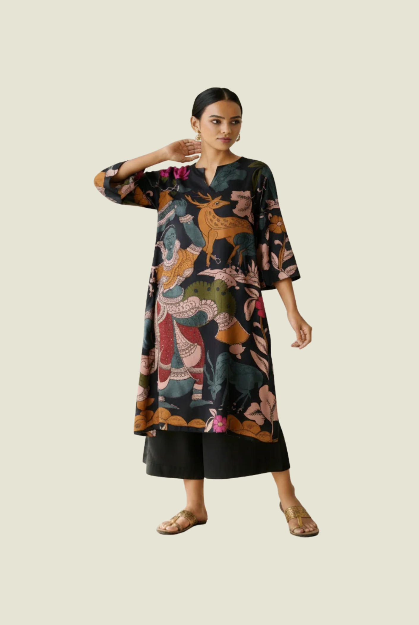 Black Folk Print Kurta Set