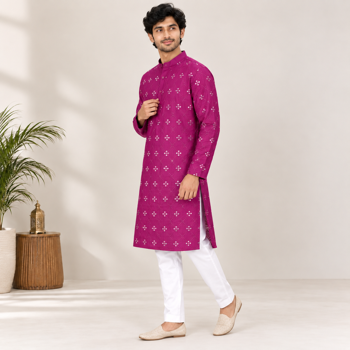 Men's Magenta Mirror Work Kurta set