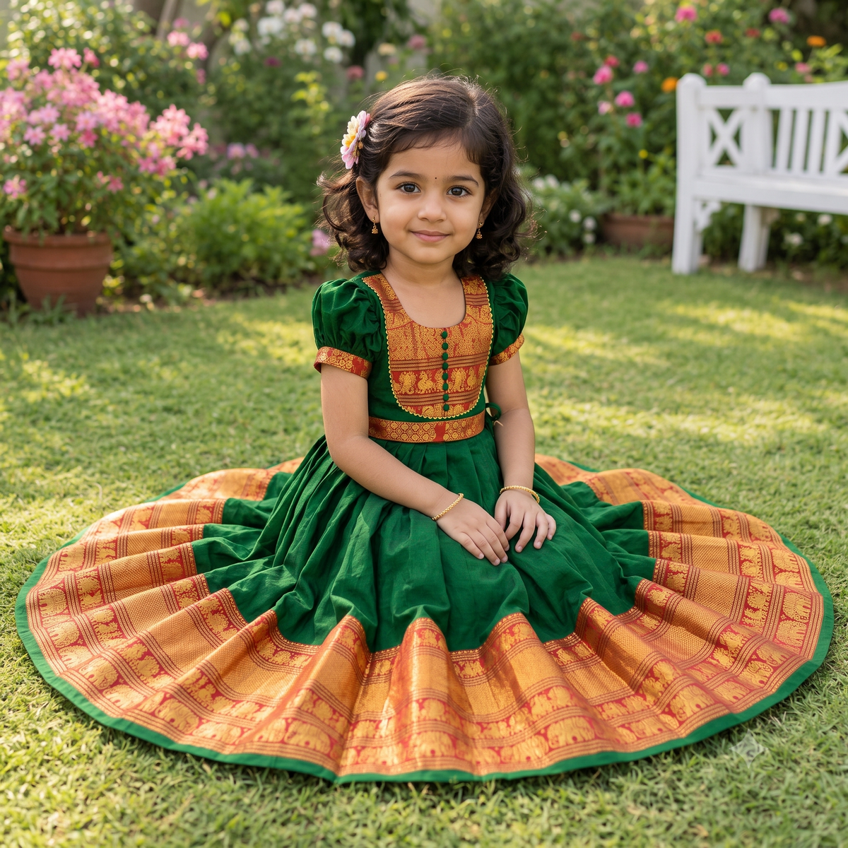 Kids Traditional Bottle Green Ethnic Frock
