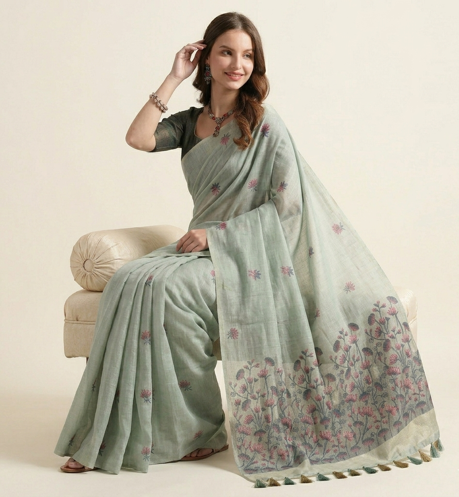 Aqua-Blue Floral Print Cotton Blended Saree