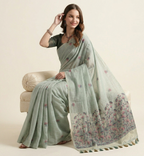 Aqua-Blue Floral Print Cotton Blended Saree