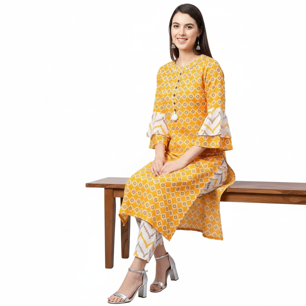 Floral Mustard Cotton Kurti Set